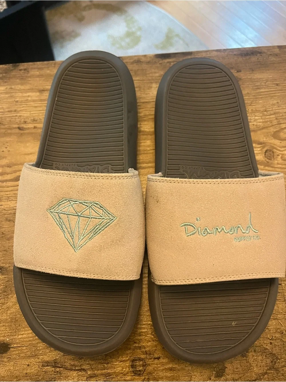Diamond Supply Co. Beige Suede Slides with Mint Logo